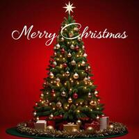 A festive holiday scene featuring golden and silver Christmas lights illuminating a red backdrop adorned with a tree and bright decorations for a Merry Xmas greeting message perfect as an elegant photo