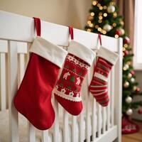 Cozy nursery scene features three Christmas stockings hanging from a crib with a soft glow from a nearby Christmas tree photo