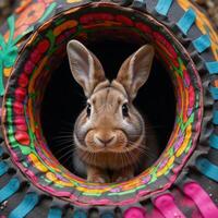 Illustration of a curious rabbit peeking from a colorful patternfilled whirlpool hole photo