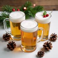Three frosty glasses of beer adorn a wintry scene on a white table surrounded by pinecones and decorative elements evoking the joyous holiday atmosphere photo