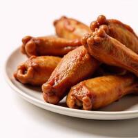 Delicious crispy barbecue chicken wings set against a clean white backdrop photo