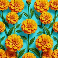 Retroorange and yellow marigold patterns on teal background photo