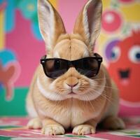 Colorful backdrop features a chic rabbit donning shades photo