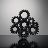 A sleek image showcases metallic black gears against a minimalistic backdrop photo