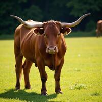 A detailed portrait featuring an Angus cow with distinctive features face horns and life stage calfsteerbull in a pastoral setting created using advanced technology photo