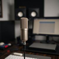 Closeup shot of podcasters highquality microphone in a sound recording studio photo