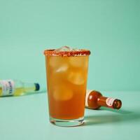CloseUp Shot Chilly Michelada with Spicy Rim Cold Beer Bottle Against Pastel Backdrop photo
