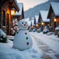 Cheerful snowman near litup winter village photo