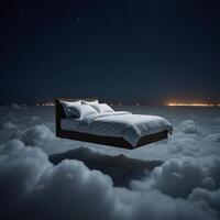 A cozy bed floats peacefully amidst dreamy starry skies and soft clouds photo