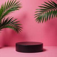 Glossy black 3D podium amidst tropical palms against a vibrant pink backdrop photo