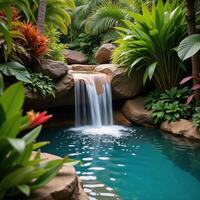 A serene tropical paradise featuring lush vegetation and a picturesque waterfall photo