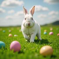 White rabbit sprinting through a colorful Easter eggstrewn meadow photo