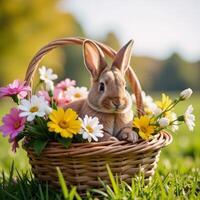 A digital illustration portraying an adorable Easter Bunny carrying a bouquet of blooming flowers photo