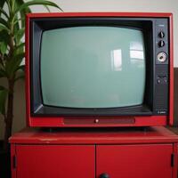 Living Room Scene Red Vintage Television Set on Couch with Plant Backdrop Retro photo