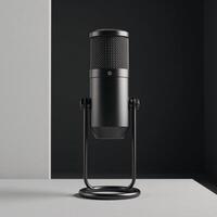 A podcaststyle microphone is placed against a 3D rendered backdrop photo