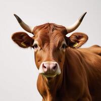 Vibrant portrait depicting a cow adorned with a pair of horns photo