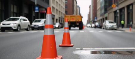 Orange traffic cones mark a bustling scene of street workinprogress with a blurred backdrop of ongoing construction photo