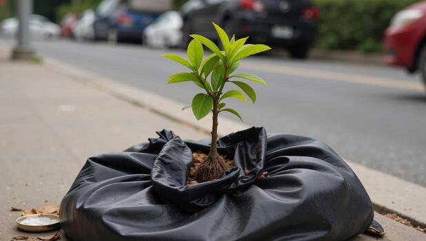 A small tree sprouts from a mound of trash in its backdrop photo