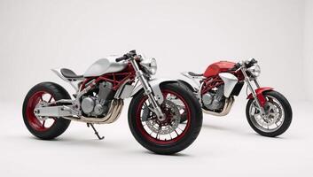 Sleek SilverRed Sports Motorbike against White Background Abstract 3D Illustration with Dynamic Side Top View photo