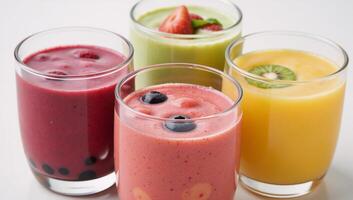 Indulge in summers refreshments vividhued smoothies cooling bubble teas in crystalclear cups photo
