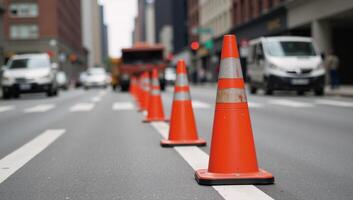 Orange traffic cones mark a bustling scene of street workinprogress with a blurred backdrop of ongoing construction photo