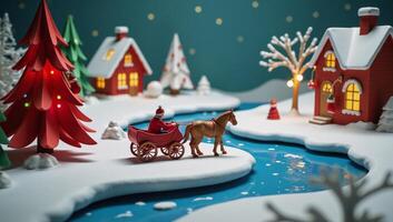 A papercraft depiction of a wintery Christmas scene with a horsedrawn carriage a red Christmas tree and flowing water photo
