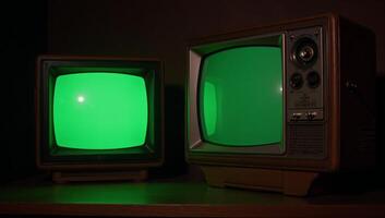Dark room featuring vintage TV sets with emeraldhued screens photo