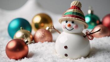 Delightful Snowman Ornament Striped Hat Shiny Baubles Snowy Background Holiday Cheer photo