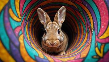 Illustration of a curious rabbit peeking from a colorful patternfilled whirlpool hole photo