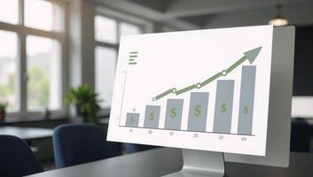 A financial growth chart showcased within a professional setting using dollar signs and gear icons photo