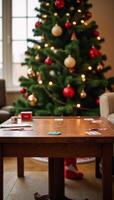 Festive Game Night Setup Empty Table Surrounded by Scattered Cards Dice Snacks under Twinkling Lights Vibrant Ornaments on a Tall Evergreen Tree photo