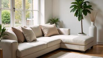 A sunlit living room showcases a comfortable scene a couch potted plants and a vase filled with flowers photo