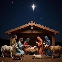Nativity Scene Serene depiction of Jesus shepherds and animals beneath a starlit sky photo