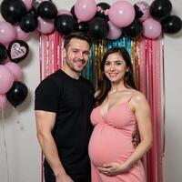 A pregnant woman celebrates at a gender reveal party surrounded by black balloons with her partner photo