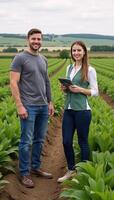 Farmer smiles before female agronomist with modern farming tech in stock illustration photo