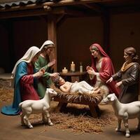 A peaceful nativity scene showcases cheerful farmyard creatures photo