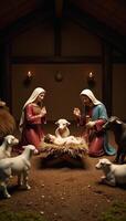A peaceful nativity scene showcases cheerful farmyard creatures photo