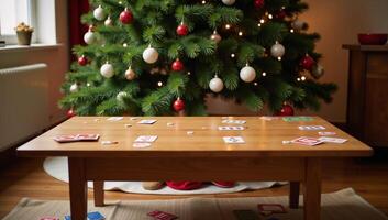 Festive Game Night Setup Empty Table Surrounded by Scattered Cards Dice Snacks under Twinkling Lights Vibrant Ornaments on a Tall Evergreen Tree photo