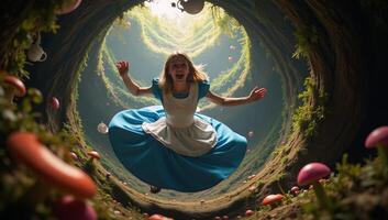 Alice tumbles through Wonderland with colorful whimsical surroundings highlighting her entrance to the fantastical realm photo
