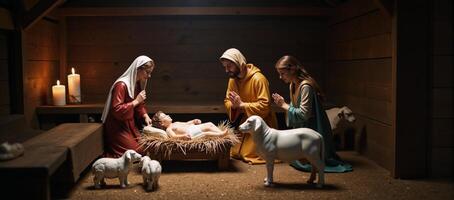 A peaceful nativity scene showcases cheerful farmyard creatures photo