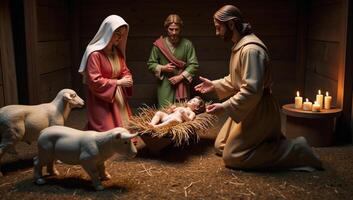 A peaceful nativity scene showcases cheerful farmyard creatures photo