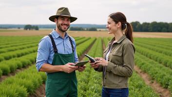 Farmer smiles before female agronomist with modern farming tech in stock illustration photo
