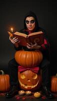Enchanting pumpkin storyteller narrating ghost stories with magical book Fantasy Halloween concept photo