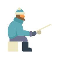 Fisherman sitting on block of ice fishing on frozen lake vector