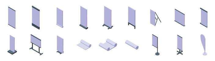 Rollup mockup icons set. Set of different blank banner stands for outdoor and indoor advertising isometric view vector