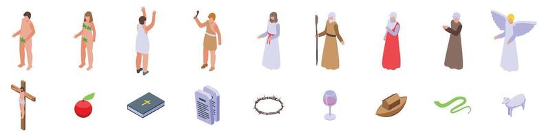 Bible character icons set. Biblical story characters praying and posing with religious symbols isometric icons set vector