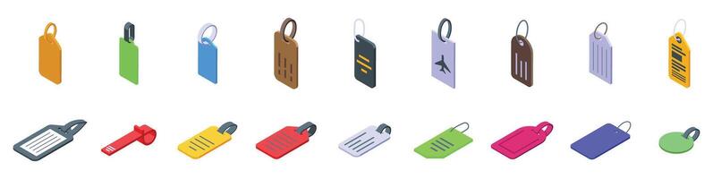 Luggage tag icons set. Luggage tag showing different shapes and colors for easy identification at the airport vector