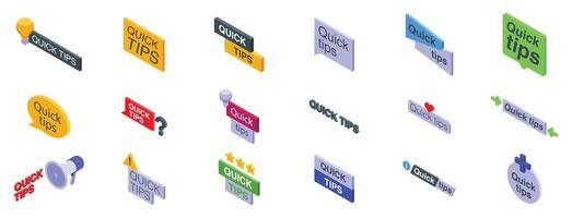 Quick tips icons set. Set of quick tips banners with isometric icons in various styles vector