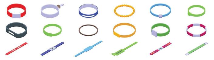 Events bracelet icons set. Set of different colorful bracelets for party or festival showing access permissions vector