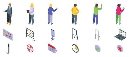Scrum board icons set. Managers team working on startup project using scrum agile methodology with kanban board vector